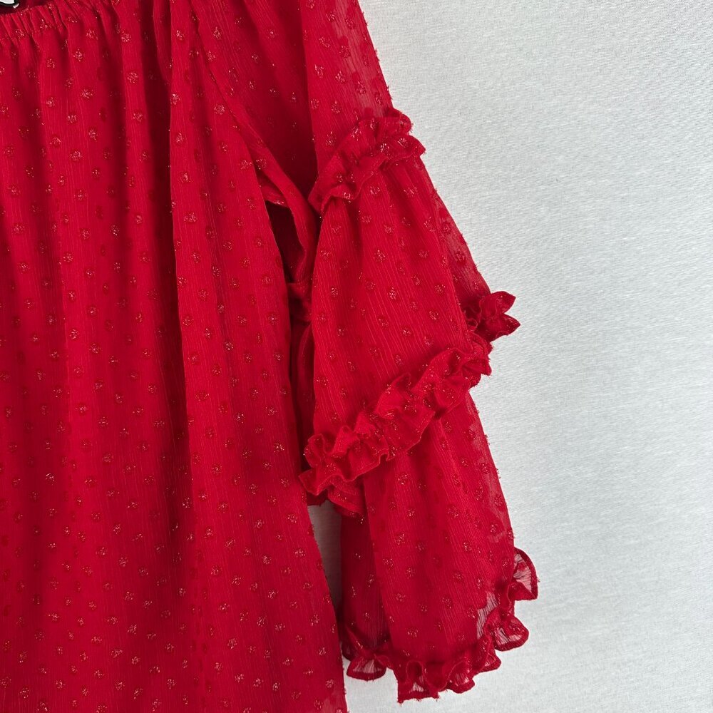 SAM &JESS RED OFF THE SHOULDER BLOUSE RUFFLED SHEER SWISS-DOT SLEEVES, SIZE S - Picture 5 of 8